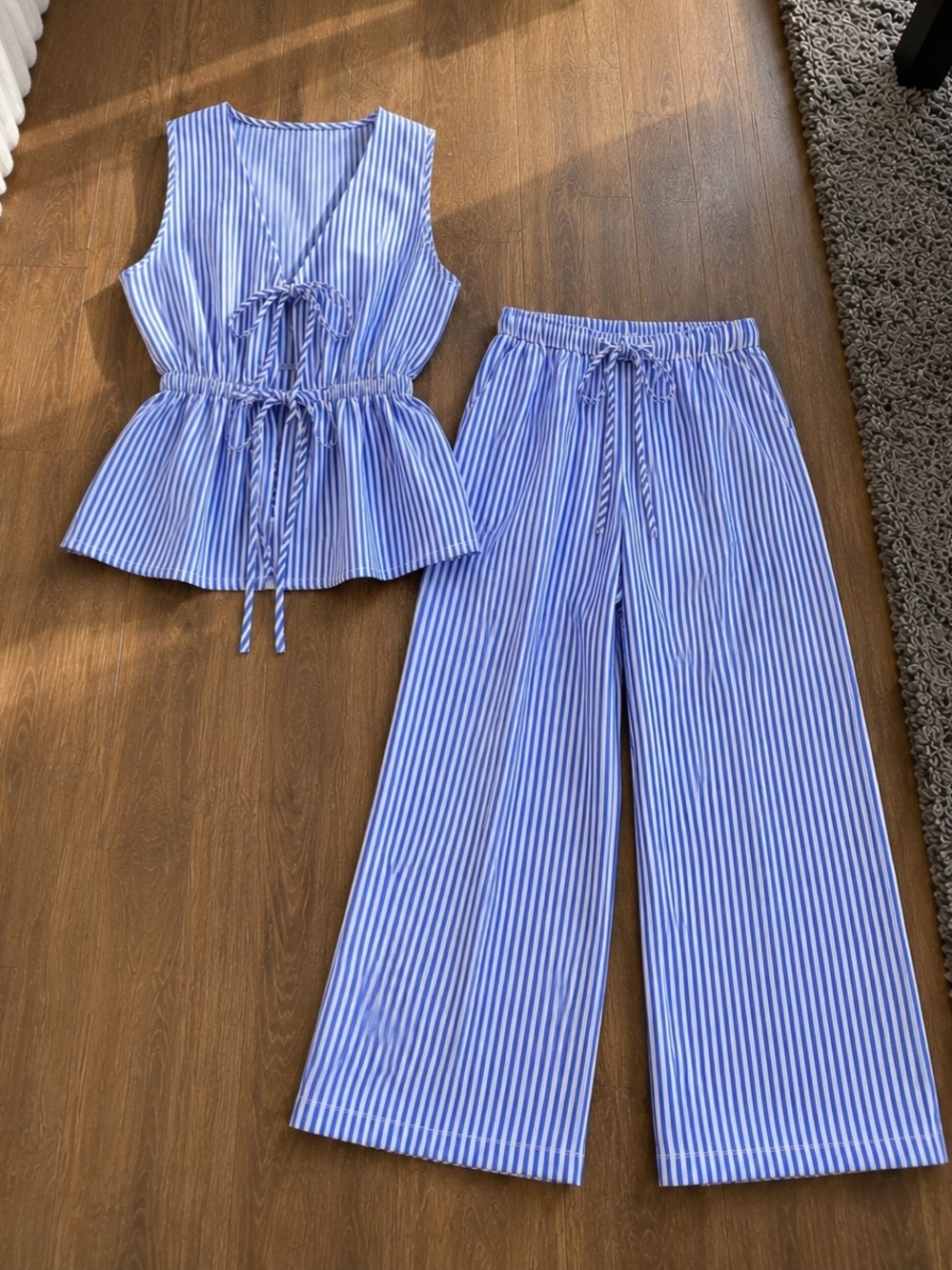 Blue Striped Wide-Leg Pants with Matching Sleeveless Top
